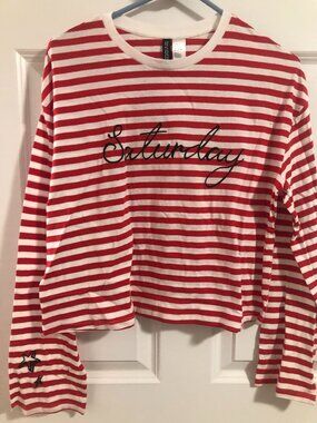 H&M Divided Red White Striped T-Shirt Top - Women Medium - NWT